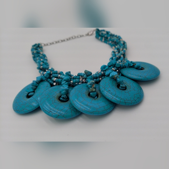 Chicos large turquoise blue silver beads chunky multi strand bib Necklace - Picture 6 of 9